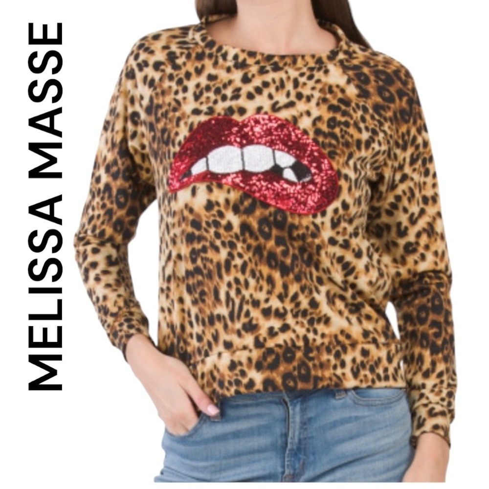 NEW without tag Melissa Masse Leopard Print Lips Sequin Sweatshirt Small